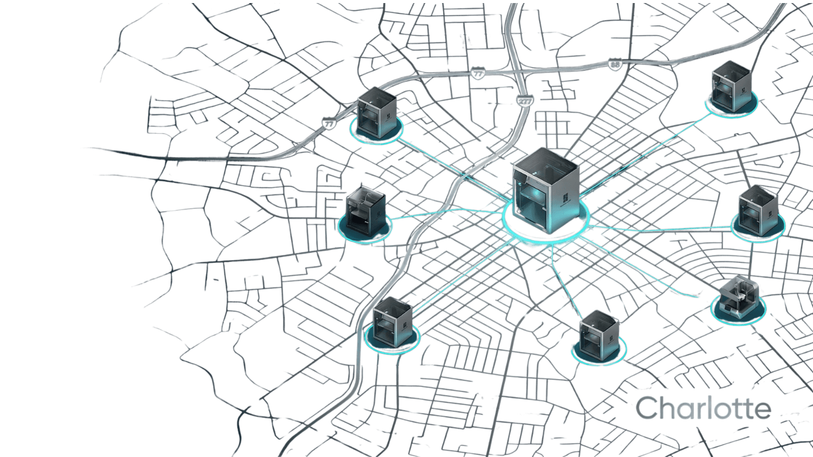 Isometric map of Charlotte's 3D printing network